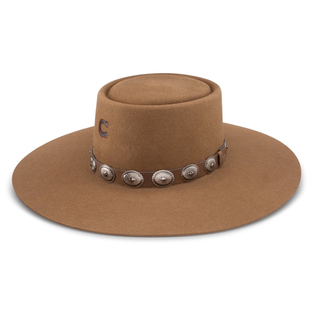 Womens Brown Wide Brim Wool Felt Hat with Concho Band